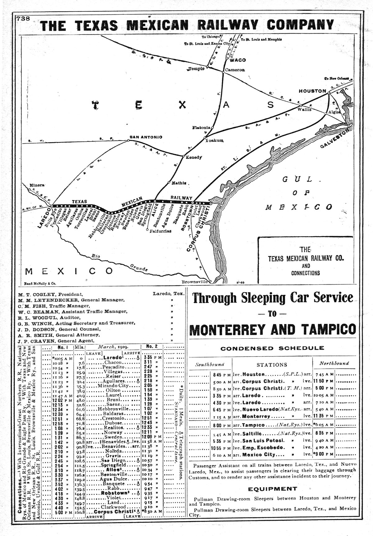 Texas-Mexican Railway Company (Tex.), Public Timetable Map Showing Route in 1929.